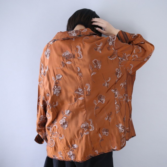 "刺繍" flower pattern gloss fabric loose silhouette shirt jacket