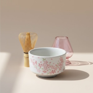 WACHA Red Sakura Matcha Ritual Complete Set – Japanese Cherry Blossom Chawan (Mino Ware) with 80-Prong Bamboo Chasen, Pink Glass Chasen Stand & Sakura Furoshiki