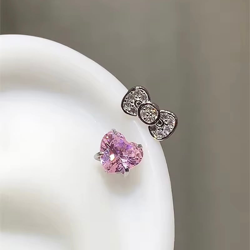 金アレ対応 316L リボン×キラキラハートストーンピアス(0829)