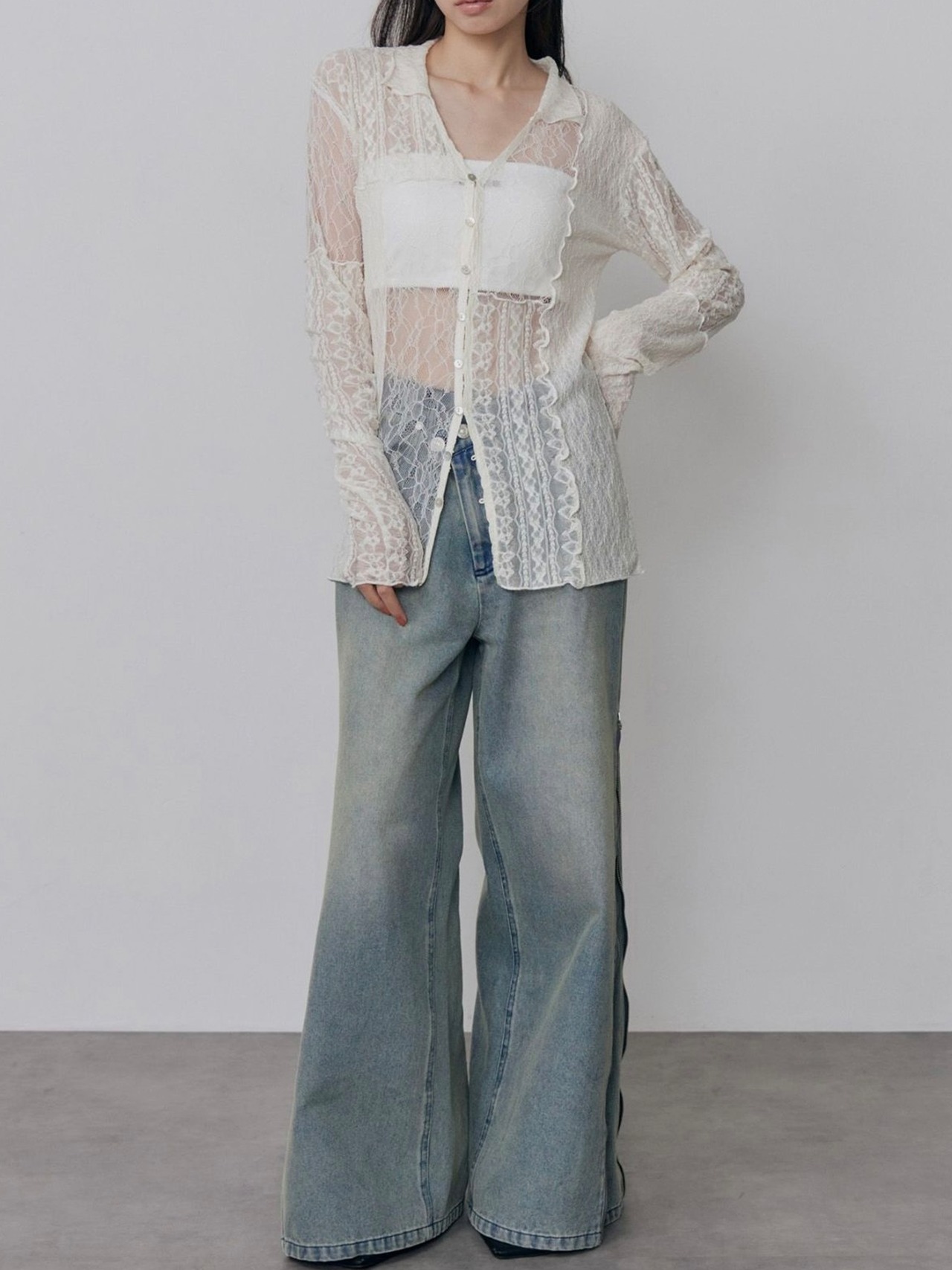 Lace Patchwork Cardigan Top / IVORY - 1