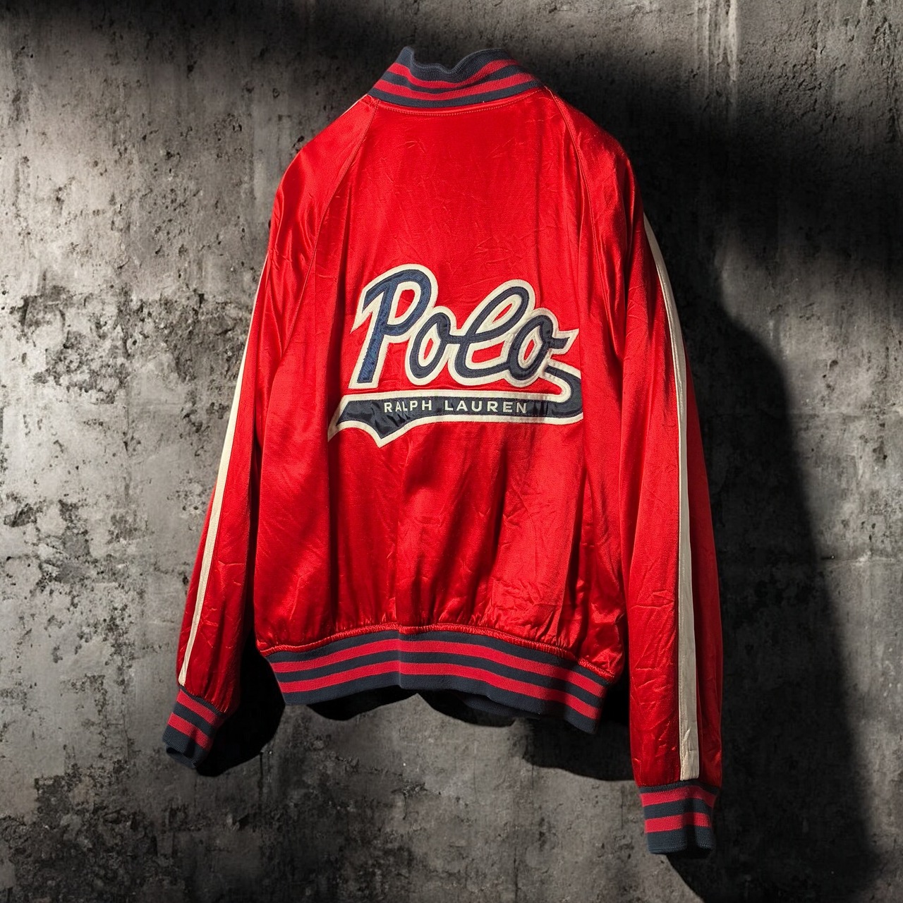 90s USA製　POLO SPORT レーヨンサテンスタジャン　赤　ポロスポーツ　スクリプトロゴ