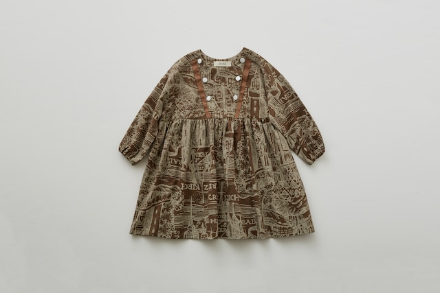 【22AW】eLfinFolk(エルフィンフォルク)Castle town print  dress salmon brown（90/100/110/120/130)　ワンピース