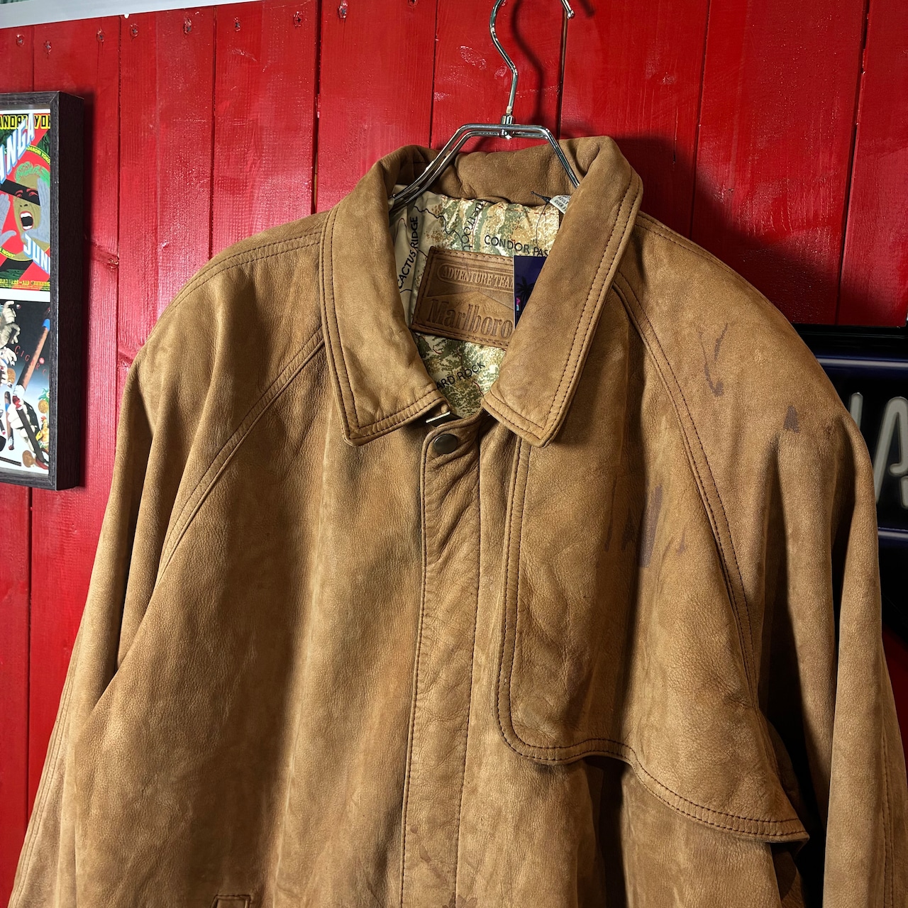 90s Marlboro / ヌバックレザー ジャケット / 本革 / 裏地マップ柄 / マルボロ