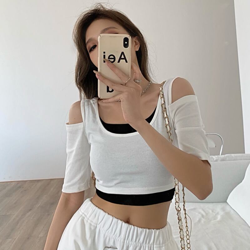 スリムTシャツ ソリッド カラーショートクロップトップ トップス ソリッドカラー ハンチェンe11269390797