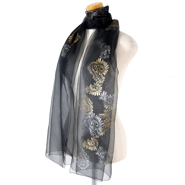 天女の羽衣友禅ショール大 「くじゃく」赤青マーブル | 友禅空間 工房久恒