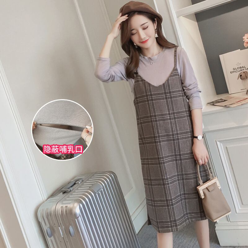 【新作】【送料無料】 マタニティウェア2020秋冬新作母乳育児Tシャツ+ウールチェック柄ミドル丈サスペンダースカート母乳育児ツーピースセット-アリババ オータム 秋物 ウィンター 冬物 expec28943955063