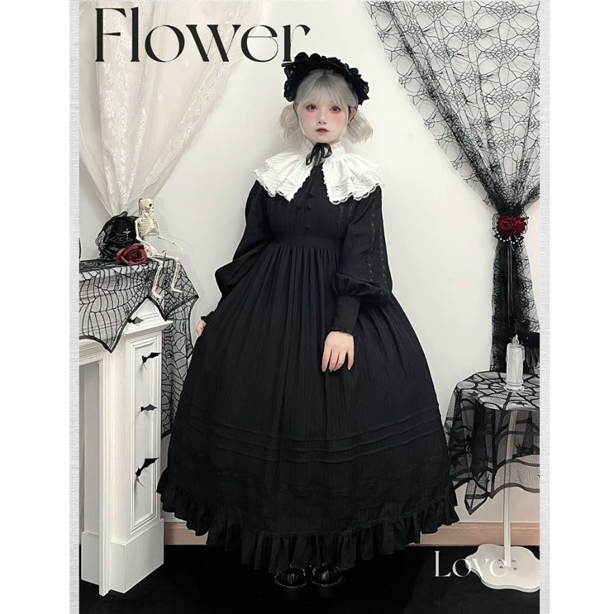 ゴシックロリィタ ロングワンピース 黒×白 推し活・日常向け｜WithU