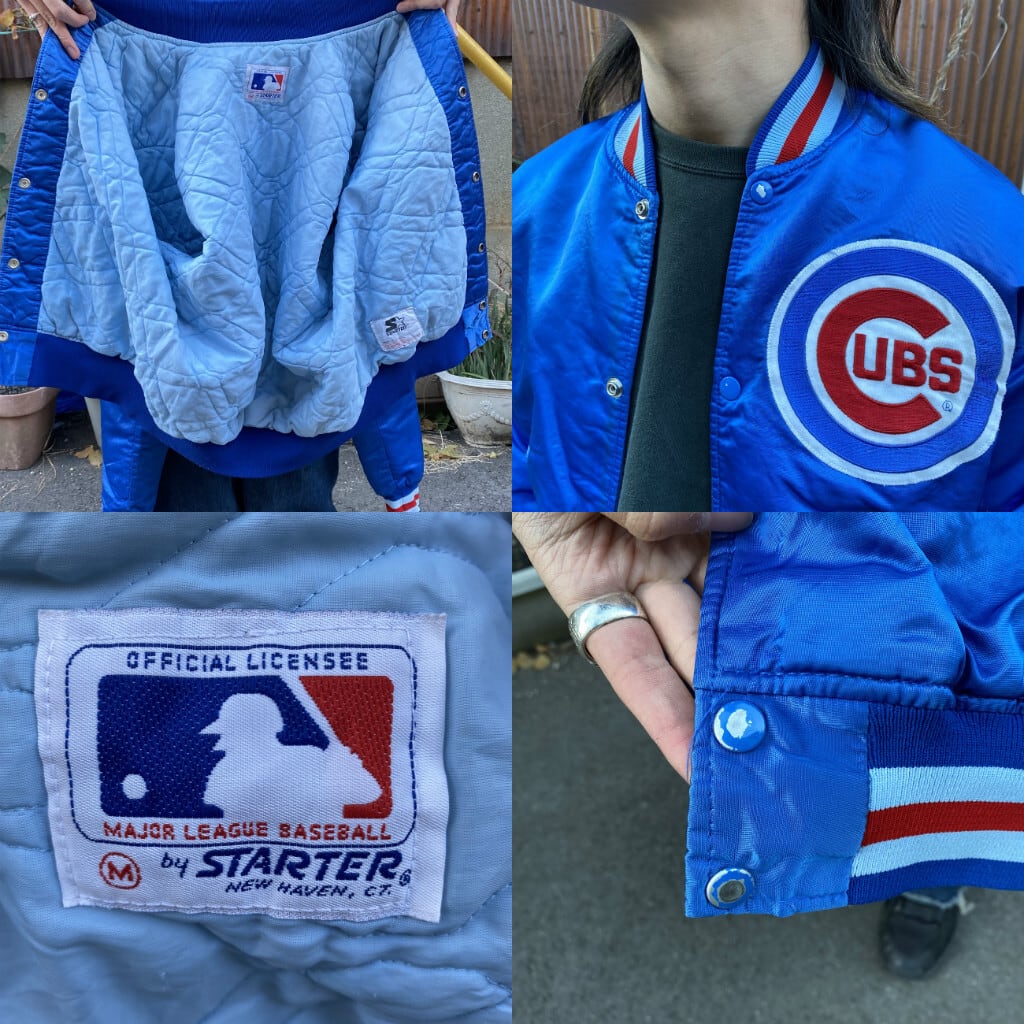 90年代 ビンテージ STARTER スターター MLB シカゴ・カブス ロゴ ワッペン サテン ナイロンスタジャン メンズM 古着 Chicago  Cubs ブルー 青色 中綿入り アワードジャケット 90s ヴィンテージ 【ナイロンジャケット】 | cave 古着屋【公式】古着通販サイト