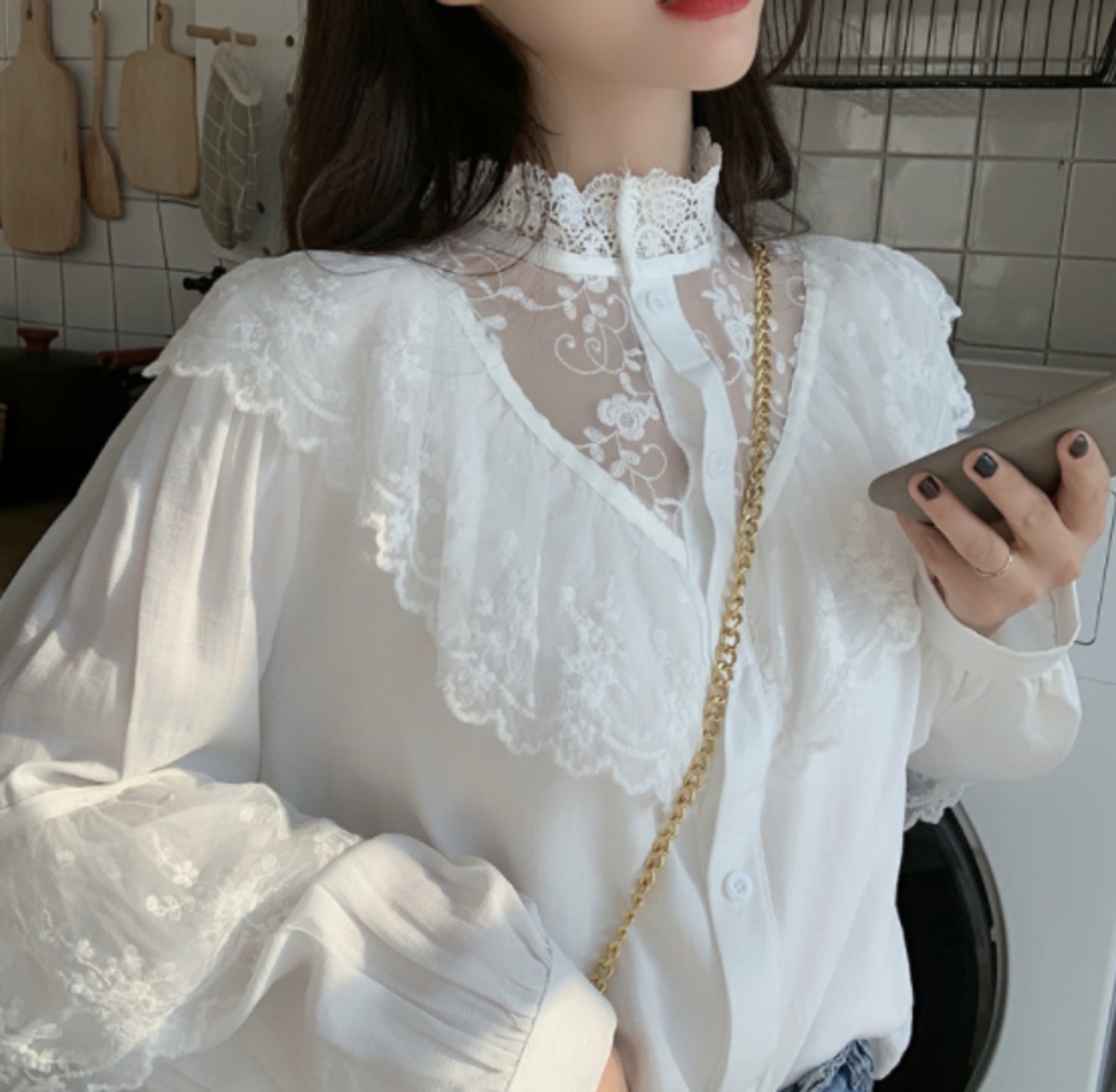 白 ブラウス マーガレット yori 韓国 レース フリル ヨリ 即納 デート