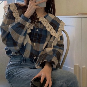 【S-XL】ビッグカラー チェック柄シャツ