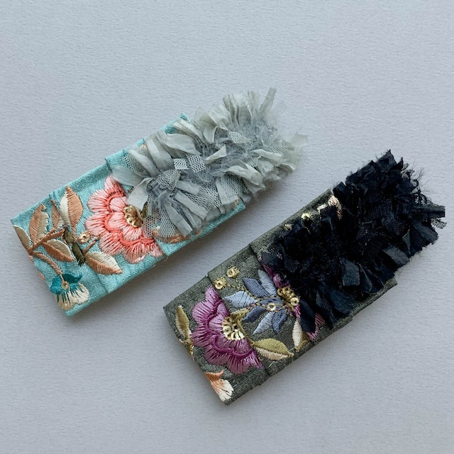 お花刺繍とシフォンリボンのバレッタ