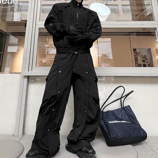 予約販売】メンズ セットアップ 上下 長袖 ピンク ブラック ワイド