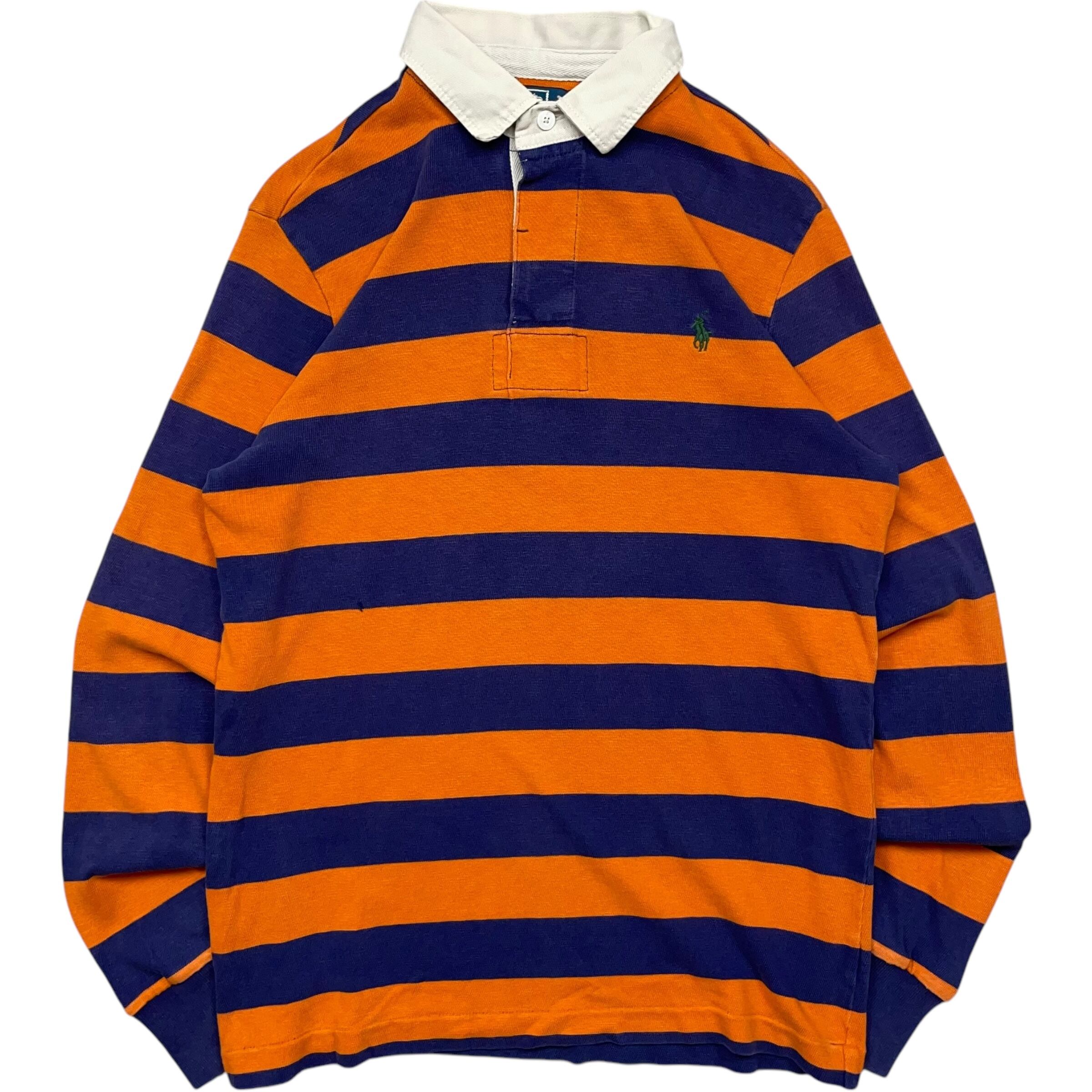 《S》 Polo by Ralph Lauren ポロバイラルフローレン ラガーシャツ ワンポイント 刺繍 ネイビー×オレンジ no.5161