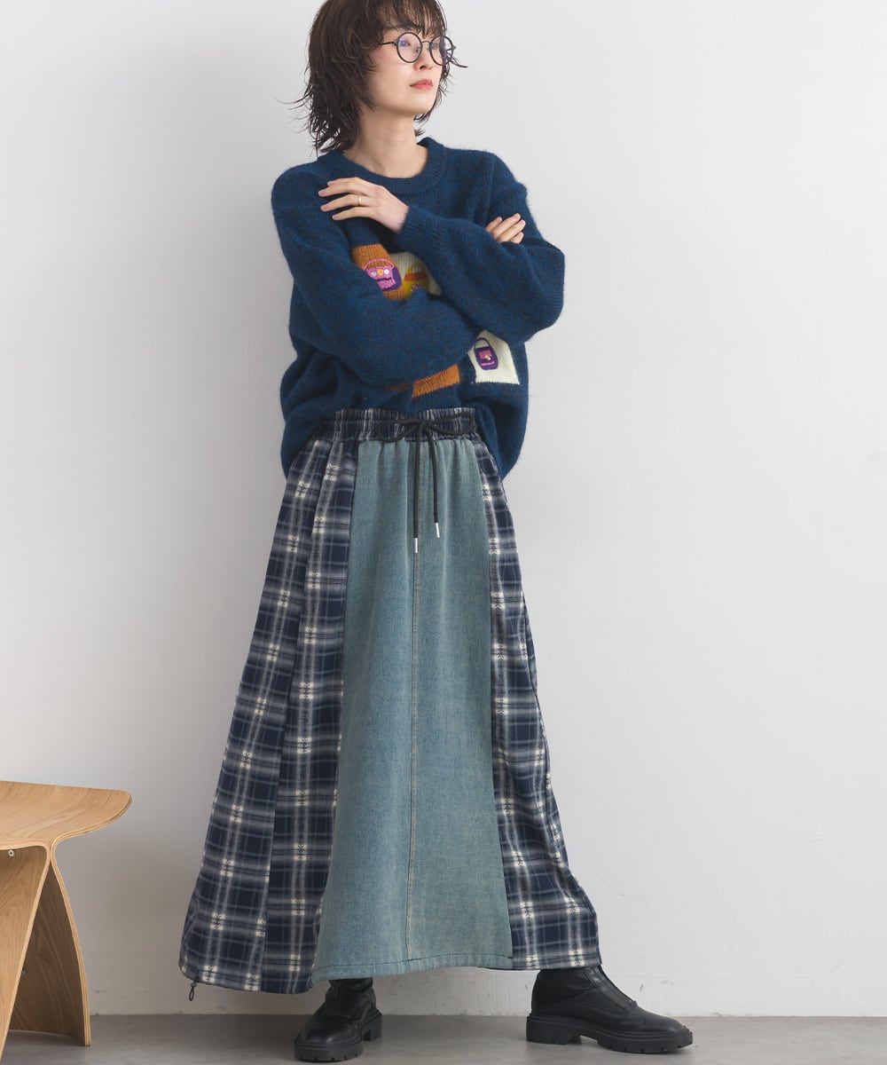D261140 チェック切替デニムスカート / Check Panel Denim Skirt