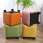 スツール ロータイプ 高さ28cm ピンク＋オレンジ 正方形 四角 椅子 スクエア レザースツール ファッションソファスツール コーヒーテーブル 無垢材 ホーム 小さなスツール ロースツール レザースツール