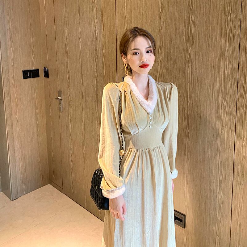 ドレス ウェストスリムスカート オータムウィンターVネック ロング 秋物 冬物 ブラックストロベリース19818474617