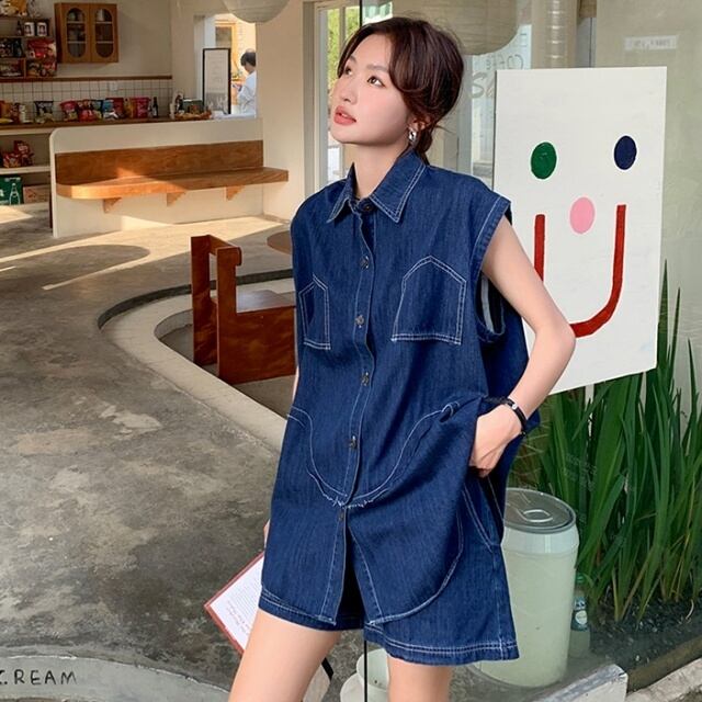 予約販売】セットアップ シャツ ショートパンツ デニム 上下