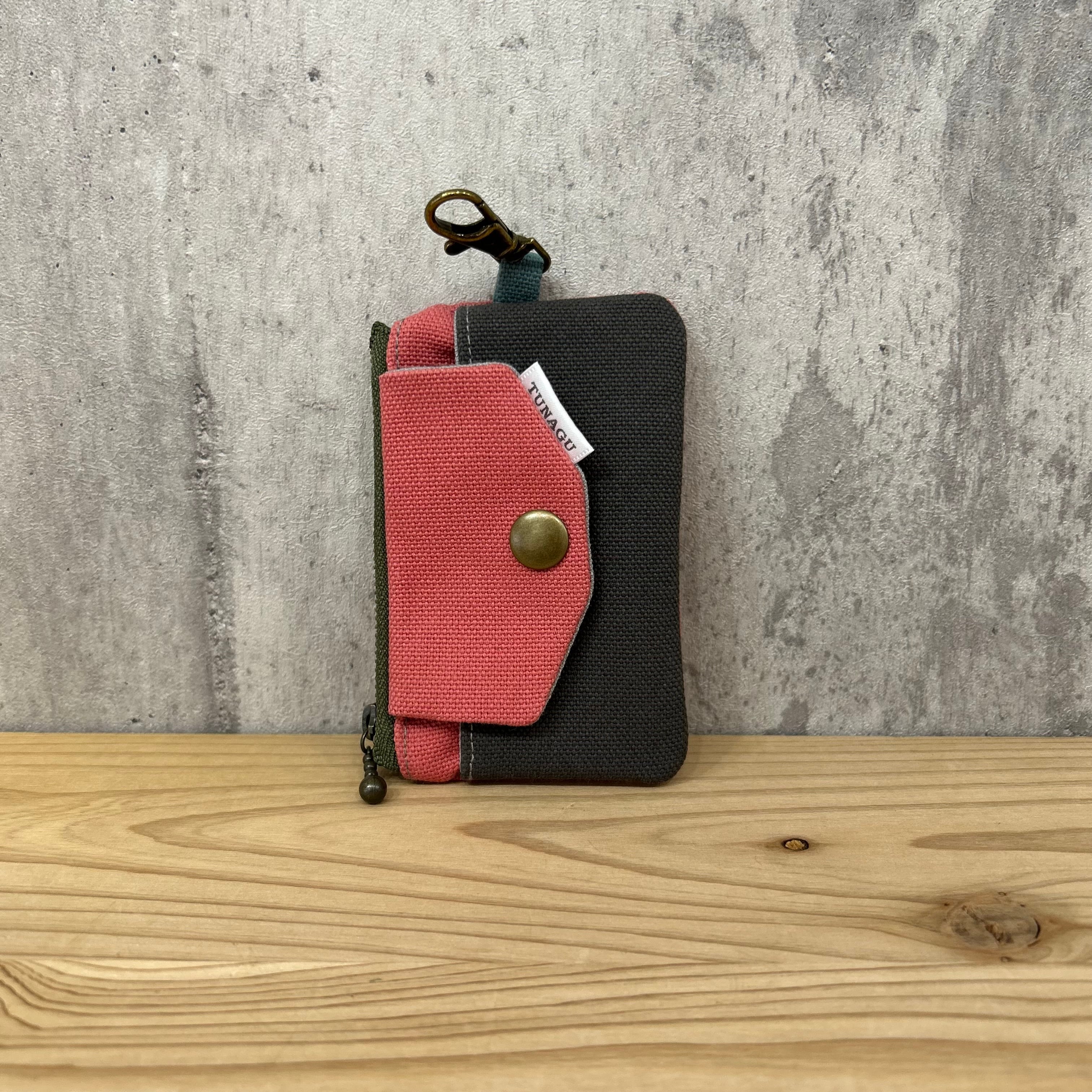 .+*Mini Wallet / カードや小銭、お札入れに【カラクレナイ×アスファルトグレー】