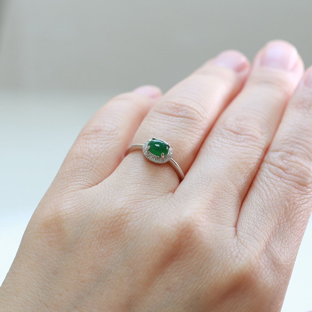 うる艶グリーン翡翠リング K10YG forest green jade diamond A貨翡翠