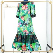 【美品 日本製 フラダンス衣装】グリーン NIKOH ワンピース ドレス 緑 黒 赤 水色 花柄 レース 鮮やか 華やか レッド ブラック