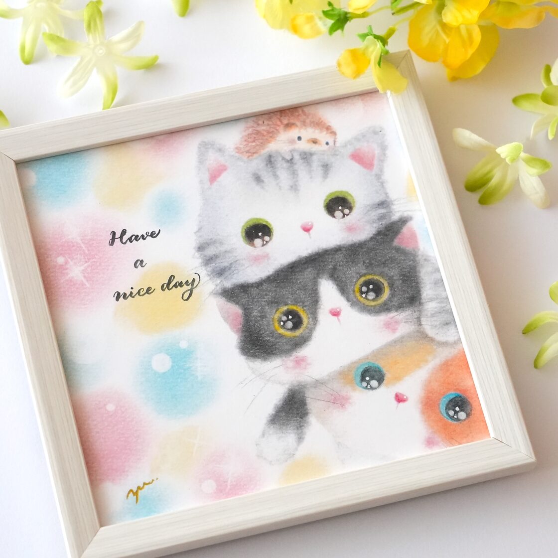 複製画】「Have a nice day ニャン♪」 猫 ネコ ハリネズミ パステル 