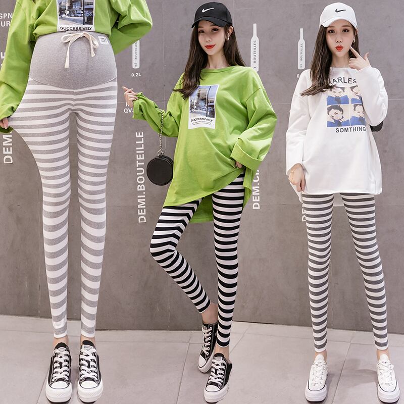 【新作】【送料無料】 8633＃2021シックなストライプコットンマタニティレギンス巾着弾性ウエストレギンス服妊婦春妊娠 エラスティック 伸縮 スプリング 春物 AL expec47277296811