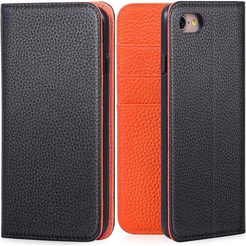 VISOUL iphoneSE 対応ケース 第3世代 iphoneSE第2世代 ケース 手帳型 本革 iphone7ケース 手帳型レザー 対衝撃 スマホケース 携帯カバー マグネット式 横置きスタンド オレンジ ライチ紋 2566