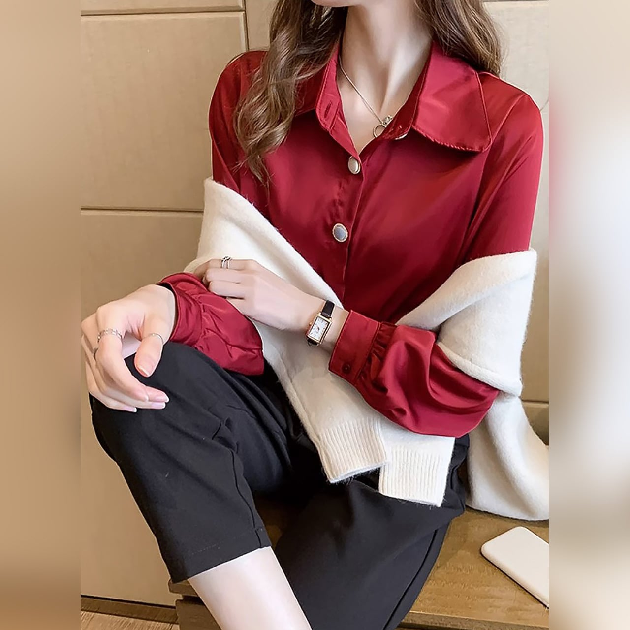 ブラウス レディース トップス シャツ 長袖 ボリューム袖 サテン調