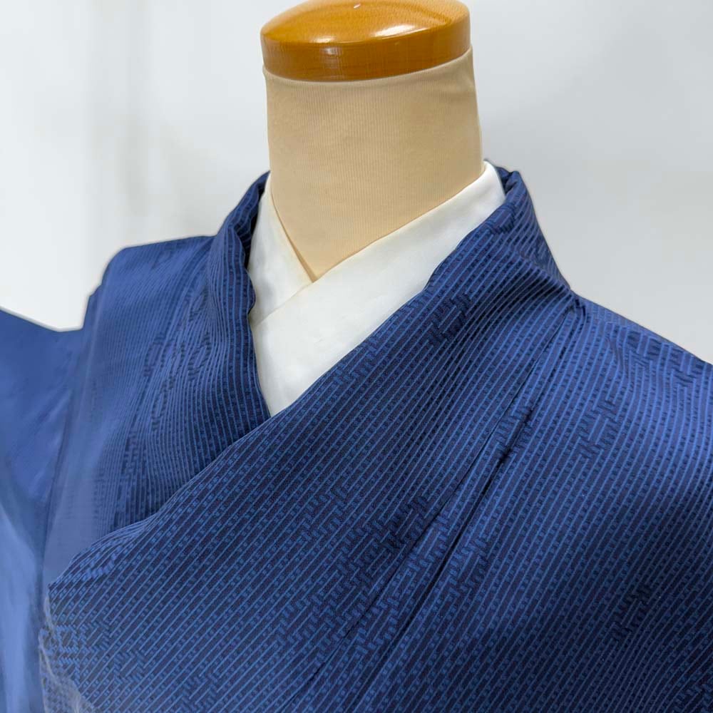 小紋 単衣 洗える着物 裄62.3cm 身丈149.2cm 花柄 お洒落着 普段着 ポリエステル 濃い青 美品 S サイズ 4613