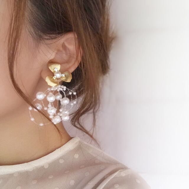 No.350ハンドメイドピアス　マットゴールドフラワー　ロング　チタンピアス No.350ハンドメイドピアス マットゴールドフラワー ロング