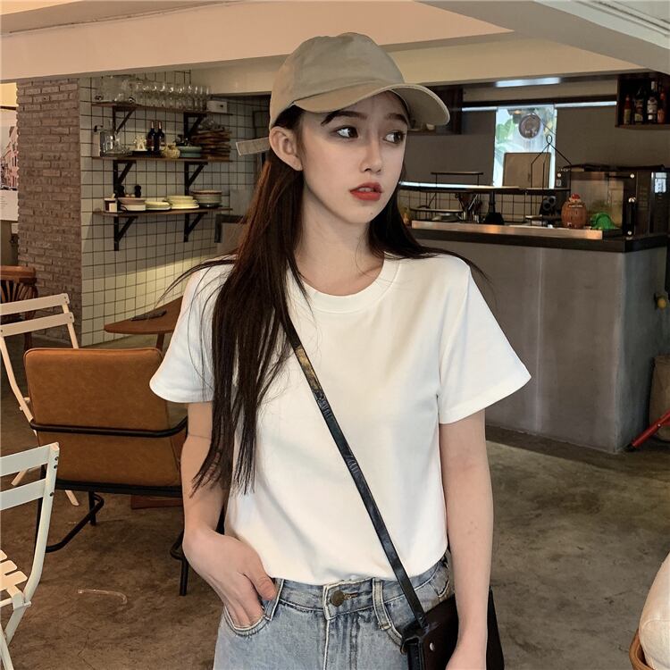 ラウンドネックショートサマーTシャツ ホワイト 夏物 Oネック 1号婦人19455941313