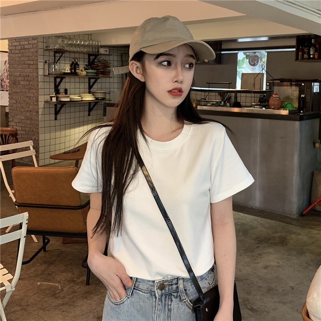 ラウンドネックショートサマーTシャツ ホワイト 夏物 Oネック 1号婦人19455941313