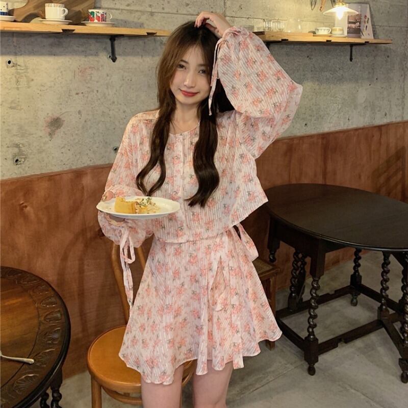 サマーフローラルカーディガンハイウェストスカート ロング 大人ガーリー スウィート キュート カジュアル 夏物 花柄 萌量不足51290911137