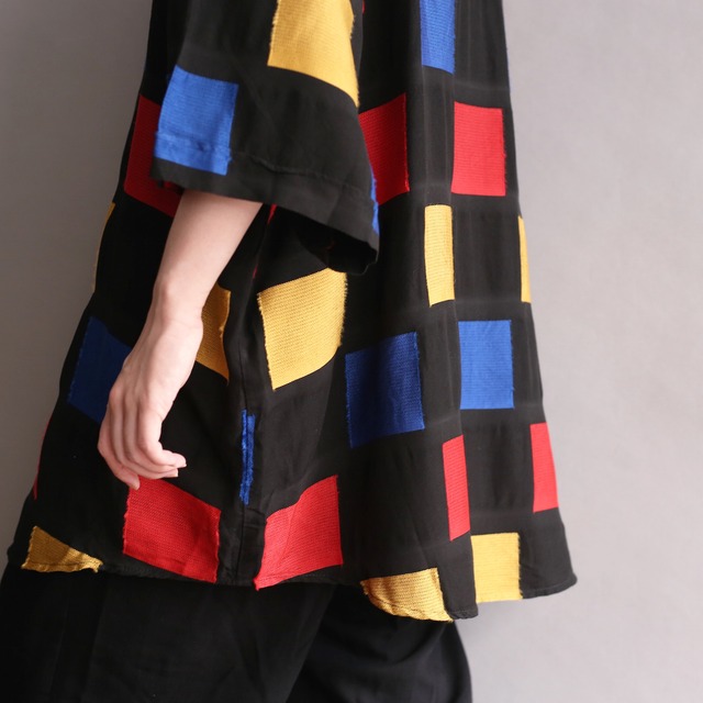 black base multi color square h/s rayon shirt