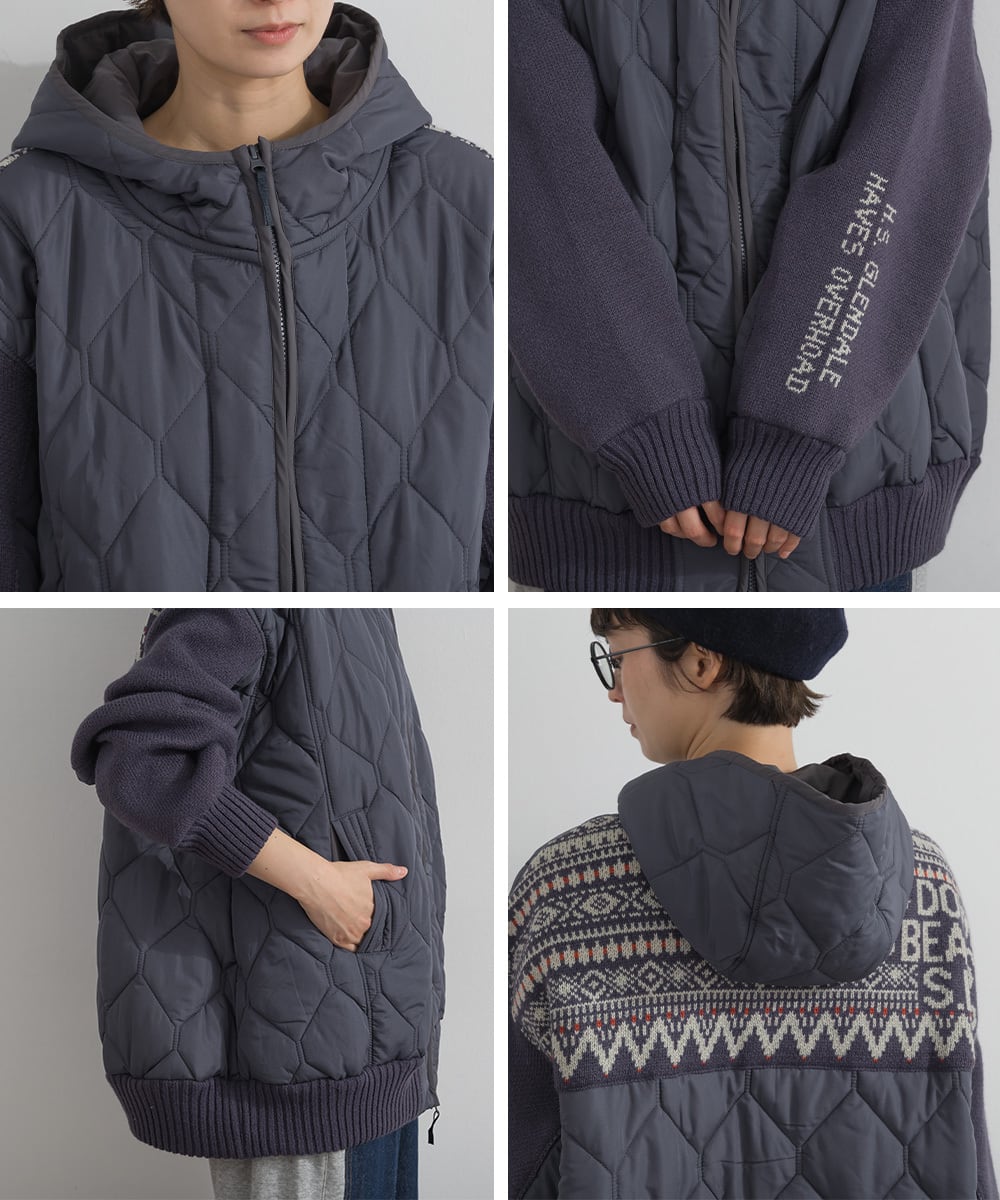 K263093 ノルディック柄ジャカードニット切替 キルティングフード