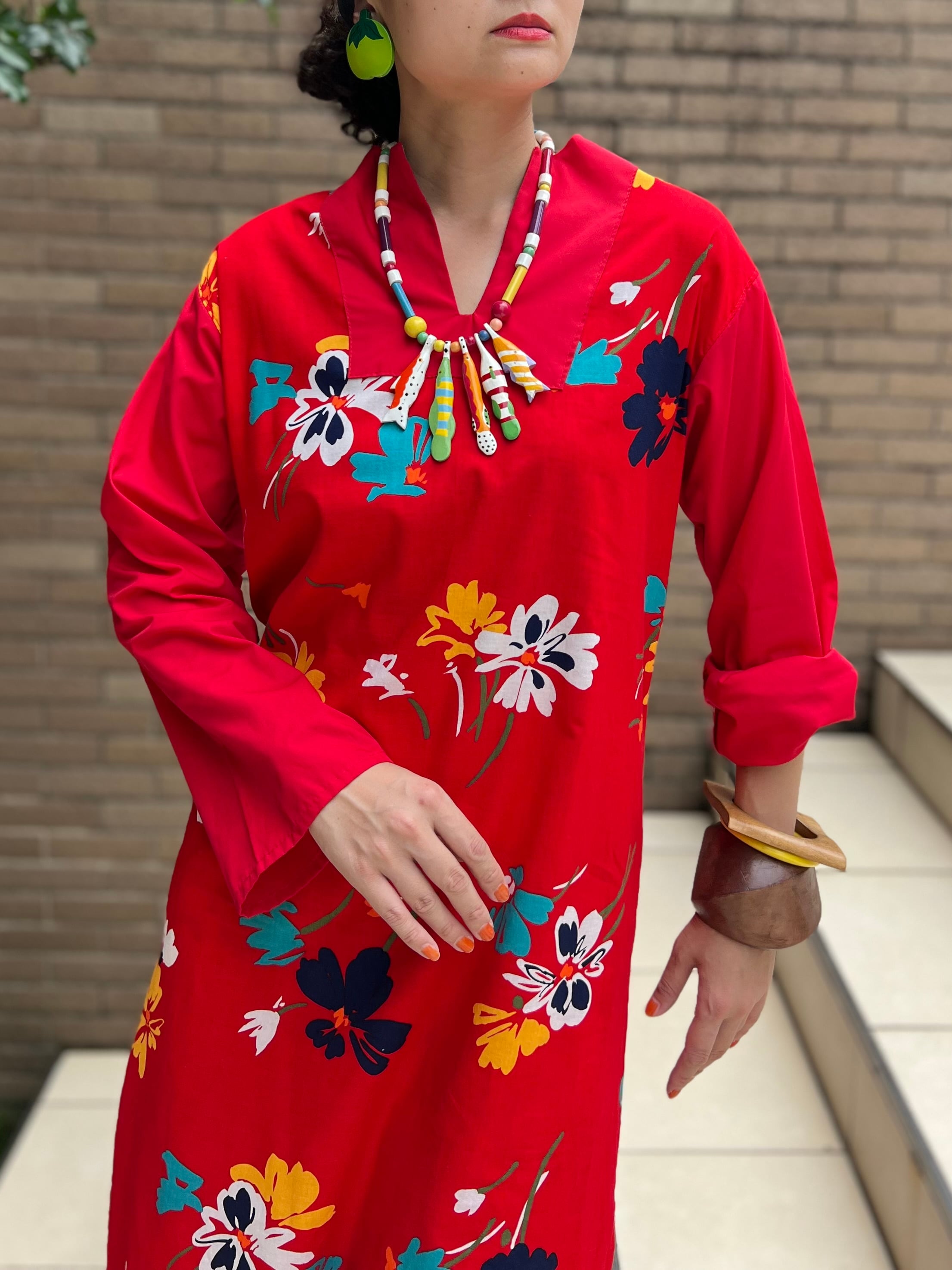 70s red × floral cotton dress ( ヴィンテージ レッド × 花柄 コットン ワンピース )