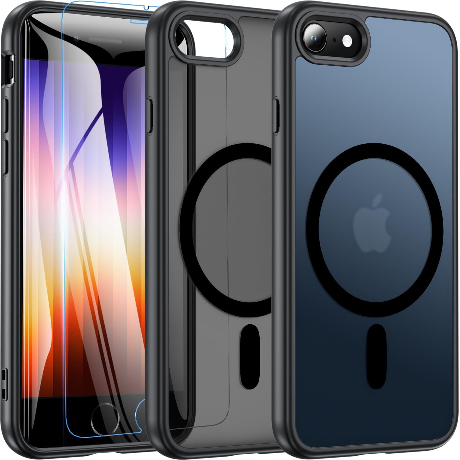 Fin2feel For iPhone SE3/SE2ケース【MagSafe高速充電対応】ガラスフィルム付き 米軍MIL規格 耐衝撃 黄ばみ防止 指紋防止 TPU + PC素材 iPhone 8/7 4.7インチ対応(ブラック)