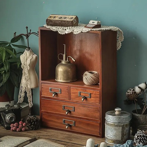 小物収納棚 木製 ４グリット ドレッサー収納 化粧品収納 香水収納 小物収納 ケース ヴィンテージ 北欧