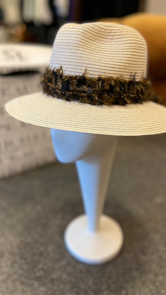 MAISON MICHEL -Henrietta- fedora straw hat with leopard scarf. :NATURAL