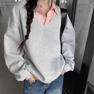 シャツ襟切り替え スウェット トップス レディース 春秋 韓国 レイヤード風 きれいめ 大人 カジュアル おしゃれ 重ね着 Vネック プルオーバー 大人可愛い 大人女子