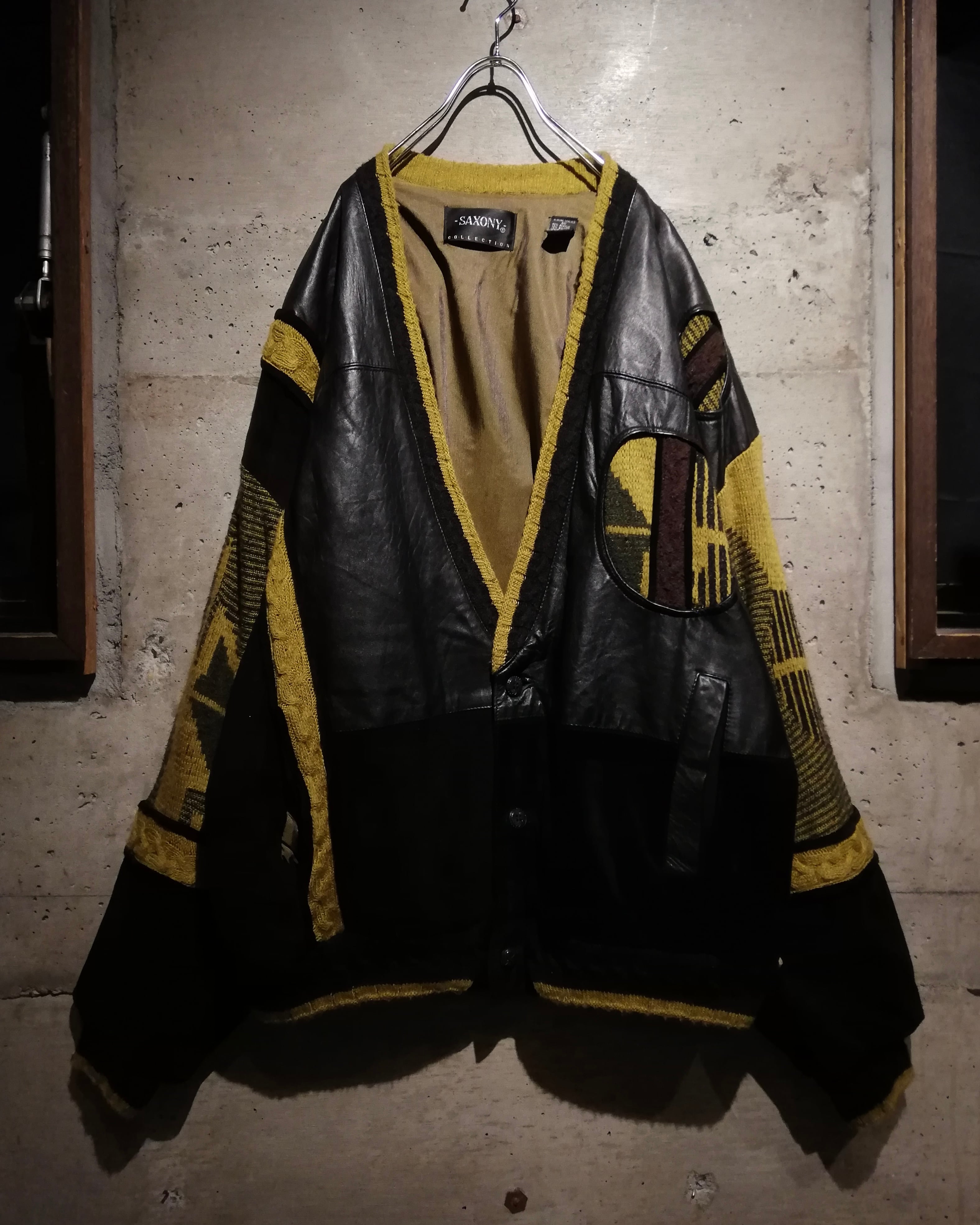 Caka】“SAXONY” Leather × Knit Switching Vintage Cardigan Jacket