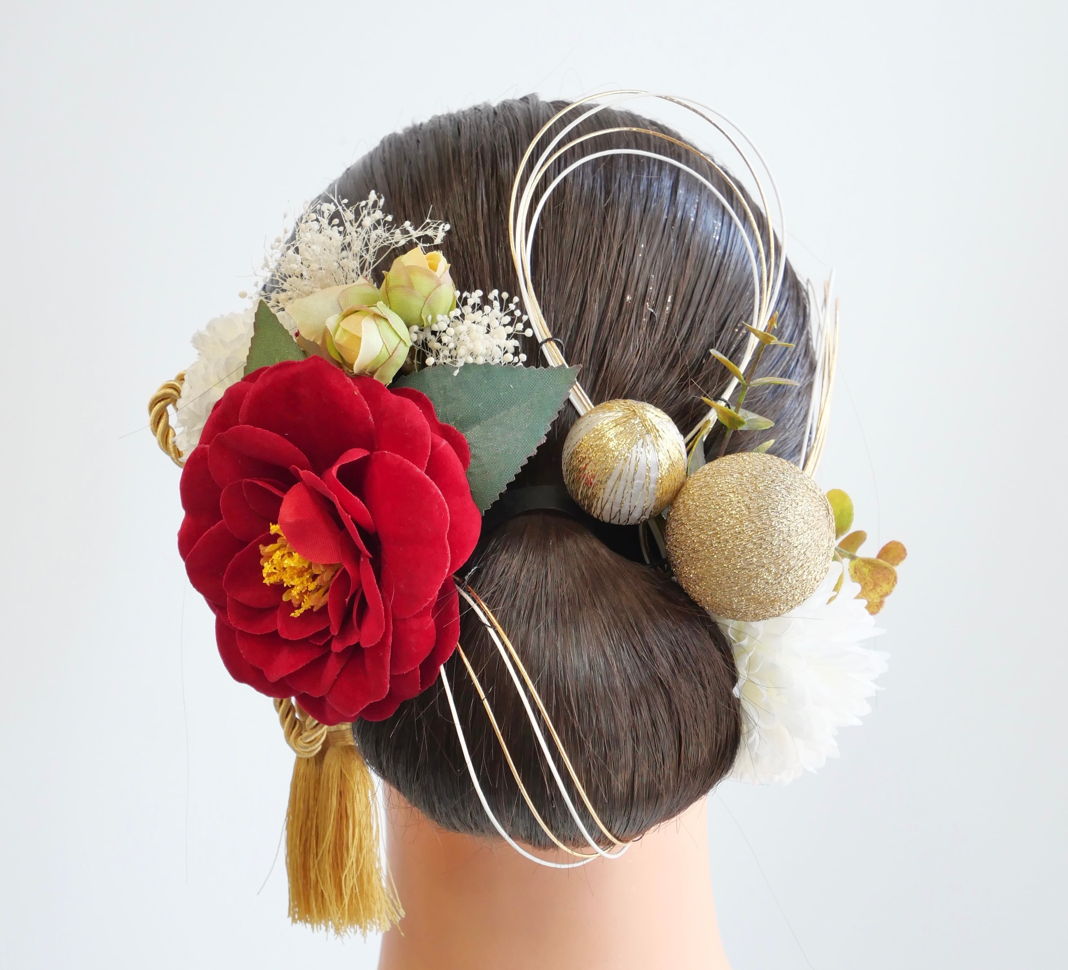A040 赤 椿の髪飾り 水引 リボン ドライフラワー 成人式 卒業式 和装