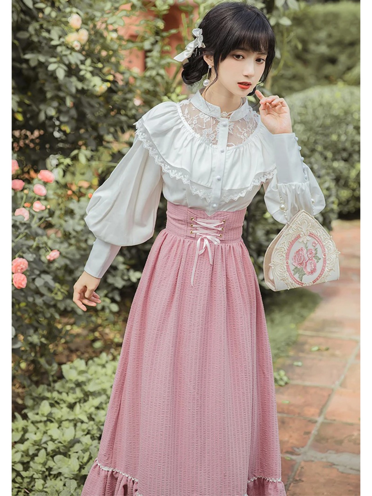 【0209】Retro Girly Pink Long Sleeve 2 Piece Set