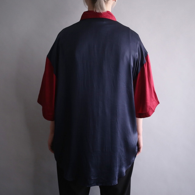switching color pattern h/s silk shirt