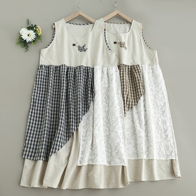 チェック柄レース小鳥パッチワークノースリーブワンピース W1291