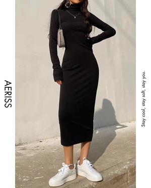 ハイネックストレッチロングワンピース 5color A0745