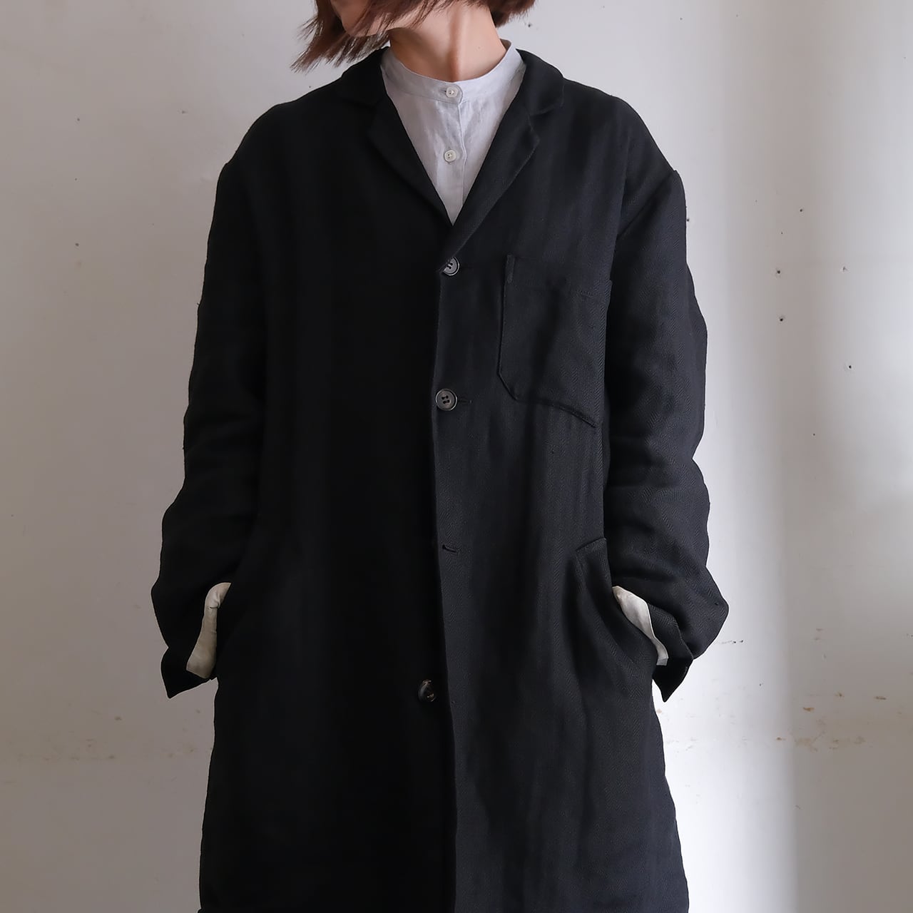 unisex coat jacket／herringbone linen〈black〉 | SALUÉ