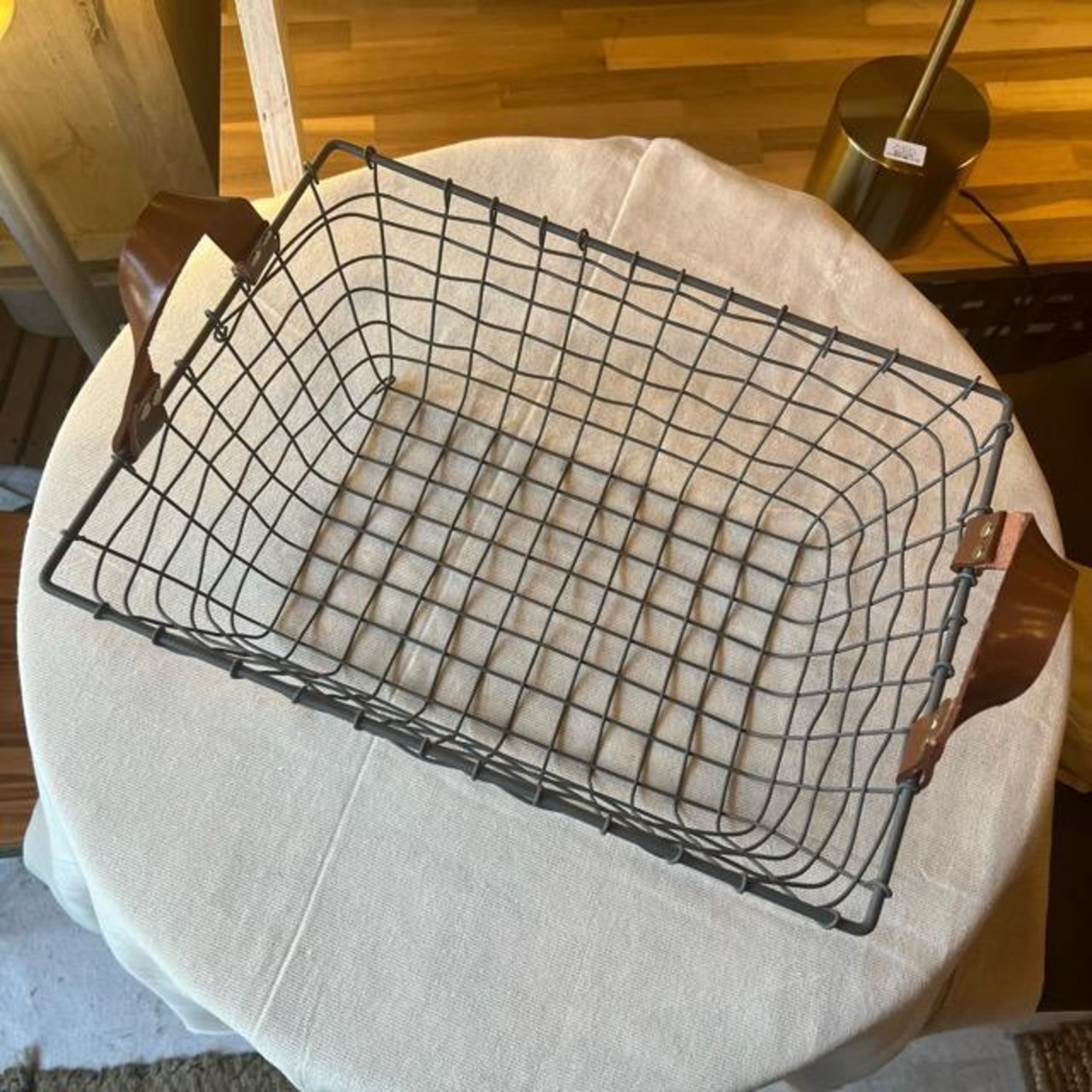 Large leather rectangular wire basket　