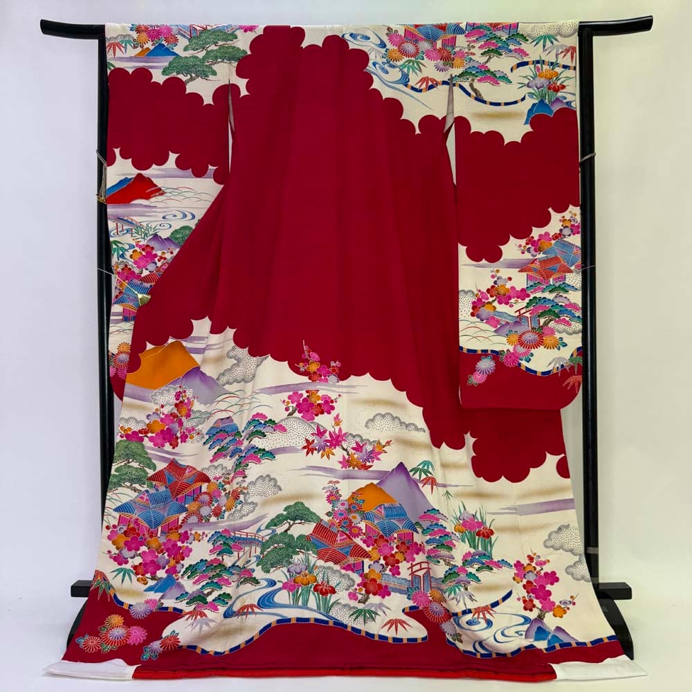 本振袖 引き振袖 正絹 小豆色 花柄 古典 刺繍 結婚式 裄64.2cm Bランク 花嫁衣装 Mサイズ 4441
