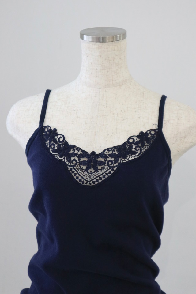 70s-80s Euro embroidery camisole tops / navy